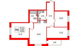 Квартира в ЖК ID Кудрово, 3 комнатная, 75.66 м², 2 этаж