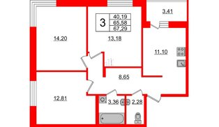 Квартира в ЖК ID Кудрово, 3 комнатная, 67.29 м², 2 этаж