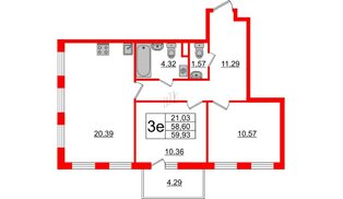 Квартира в ЖК ИЛОНА, 2 комнатная, 59.93 м², 3 этаж