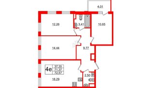 Квартира в ЖК ИЛОНА, 3 комнатная, 72.57 м², 4 этаж