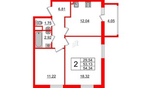 Квартира в ЖК ИЛОНА, 2 комнатная, 54.34 м², 3 этаж
