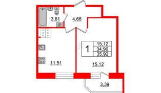Квартира в ЖК Живи в Рыбацком, 1 комнатная, 35.92 м², 3 этаж