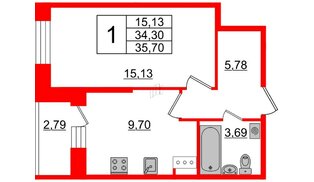 Квартира в ЖК Живи в Рыбацком, 1 комнатная, 35.7 м², 2 этаж