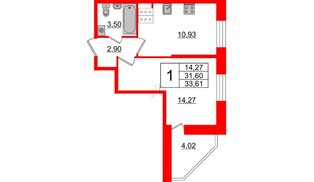 Квартира в ЖК Живи в Рыбацком, 1 комнатная, 33.61 м², 3 этаж