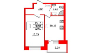 Квартира в ЖК Живи в Рыбацком, 1 комнатная, 32.6 м², 4 этаж