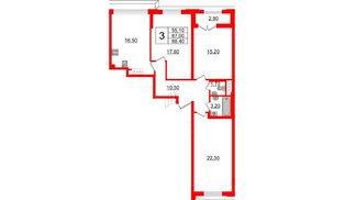Квартира в ЖК Цивилизация на Неве, 3 комнатная, 88.4 м², 14 этаж