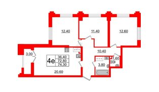 Квартира в ЖК Цивилизация на Неве, 3 комнатная, 74.3 м², 17 этаж