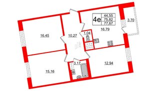 Квартира в ЖК Живи в Рыбацком, 3 комнатная, 77.67 м², 4 этаж