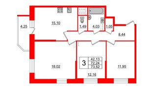 Квартира в ЖК Живи в Рыбацком, 3 комнатная, 75.52 м², 3 этаж