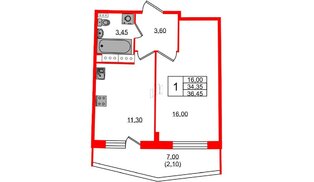 Квартира в ЖК Малая Охта, 1 комнатная, 36.45 м², 2 этаж