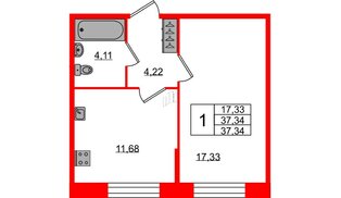 Квартира в ЖК Сандей, 1 комнатная, 37.34 м², 1 этаж