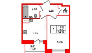 Квартира в ЖК Сандей, 1 комнатная, 34.94 м², 6 этаж