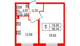 Квартира в ЖК Верево Сити, 1 комнатная, 36.34 м², 1 этаж