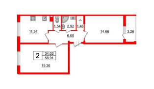 Квартира в ЖК ВЕРЕВО СИТИ, 2 комнатная, 58.91 м², 2 этаж