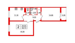 Квартира в ЖК ВЕРЕВО СИТИ, 2 комнатная, 58.73 м², 4 этаж