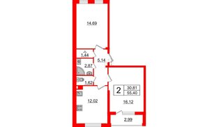Квартира в ЖК ВЕРЕВО СИТИ, 2 комнатная, 55.4 м², 3 этаж