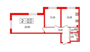 Квартира в ЖК Верево Сити, 2 комнатная, 58.83 м², 1 этаж