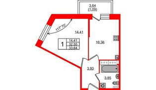 Квартира в ЖК Новое Колпино, 1 комнатная, 33.64 м², 5 этаж