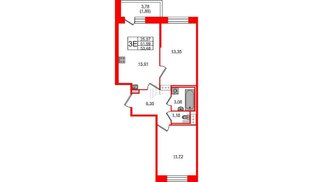 Квартира в ЖК Новое Колпино, 2 комнатная, 53.48 м², 3 этаж