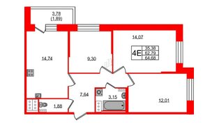 Квартира в ЖК Новое Колпино, 3 комнатная, 64.68 м², 4 этаж