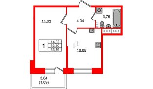 Квартира в ЖК Новое Колпино, 1 комнатная, 33.59 м², 3 этаж