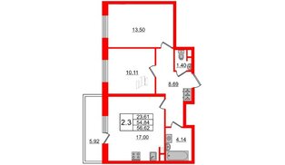 Квартира в ЖК Солнечный город. Резиденции, 2 комнатная, 54.84 м², 3 этаж