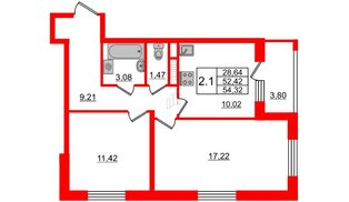 Квартира в ЖК Солнечный город. Резиденции, 2 комнатная, 52.42 м², 4 этаж