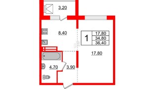 Квартира в ЖК Сибирь, 1 комнатная, 36.4 м², 12 этаж
