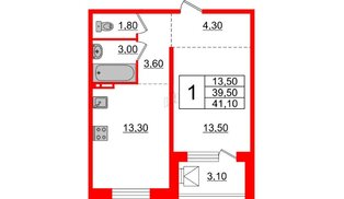 Квартира в ЖК Сибирь, 1 комнатная, 41.1 м², 4 этаж