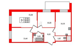 Квартира в ЖК Новое Колпино, 3 комнатная, 64.48 м², 2 этаж