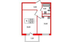 Квартира в ЖК Ветер Перемен, 1 комнатная, 38.7 м², 13 этаж