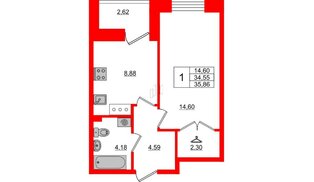 Квартира в ЖК Стороны Света, 1 комнатная, 35.86 м², 10 этаж
