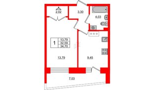 Квартира в ЖК Стороны Света, 1 комнатная, 34.7 м², 4 этаж
