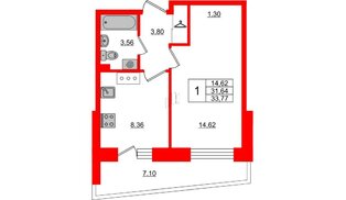 Квартира в ЖК Стороны Света, 1 комнатная, 33.77 м², 3 этаж