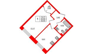 Квартира в ЖК Стороны Света, 1 комнатная, 32.54 м², 1 этаж