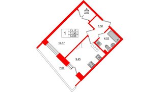 Квартира в ЖК Стороны Света, 1 комнатная, 34.06 м², 9 этаж