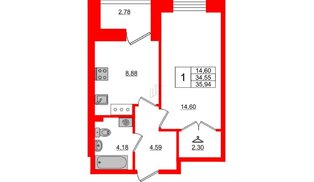 Квартира в ЖК Стороны Света, 1 комнатная, 35.94 м², 4 этаж