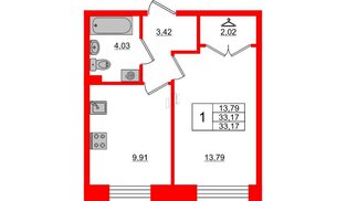 Квартира в ЖК Стороны Света, 1 комнатная, 33.17 м², 1 этаж