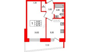 Квартира в ЖК Стороны Света, 1 комнатная, 33.78 м², 10 этаж