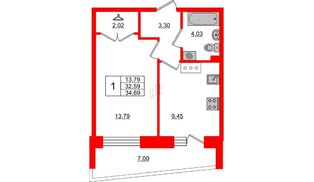 Квартира в ЖК Стороны Света, 1 комнатная, 34.69 м², 5 этаж
