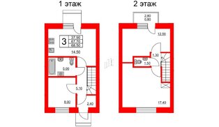 Квартира в ЖК Федоровское, 3 комнатная, 66.8 м², 1 этаж