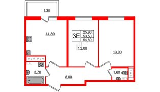 Квартира в ЖК Ветер Перемен, 2 комнатная, 54.8 м², 8 этаж