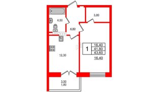 Квартира в ЖК NEWПИТЕР, 1 комнатная, 44.1 м², 2 этаж