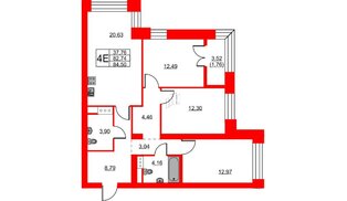 Квартира в ЖК New Питер, 3 комнатная, 84.5 м², 6 этаж