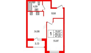 Квартира в ЖК ЦДС Новосаратовка «Город первых», 1 комнатная, 44.12 м², 13 этаж