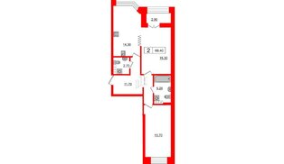 Квартира в ЖК 'Новое Купчино', 2 комнатная, 66.4 м², 3 этаж