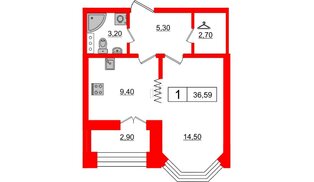 Квартира в ЖК 'Новое Купчино', 1 комнатная, 36.59 м², 9 этаж