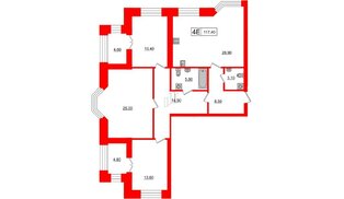 Квартира в ЖК 'Новое Купчино', 3 комнатная, 117.4 м², 2 этаж