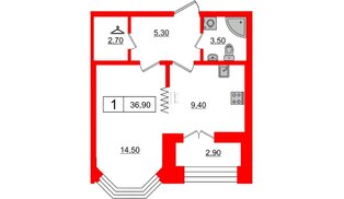 Квартира в ЖК 'Новое Купчино', 1 комнатная, 36.9 м², 2 этаж
