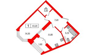 Квартира в ЖК 'Новое Купчино', 1 комнатная, 43.2 м², 13 этаж